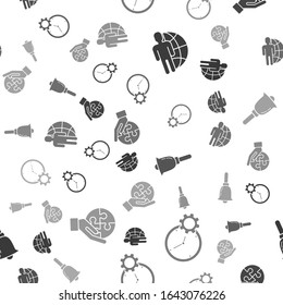 Set Globe and people, Time Management, Ringing bell y Pieza de rompecabezas en la mano en un patrón impecable. Vector