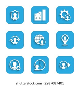 Set Globe and people, Time Management, Create account screen, Location with person, Human resources, Head hunting and User protection icon. Vector
