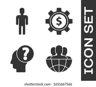 Set Globe and people, User of man in business suit, Human head with Question mark y Gear with Doler icon. Vector