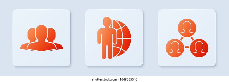 Set Globe and people, Users group and Project team base. White square button. Vector