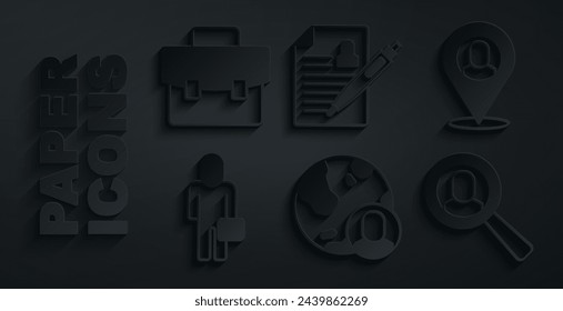 Set Globe and people, Worker location, Businessman, Magnifying glass for search job, Resume and Briefcase icon. Vector