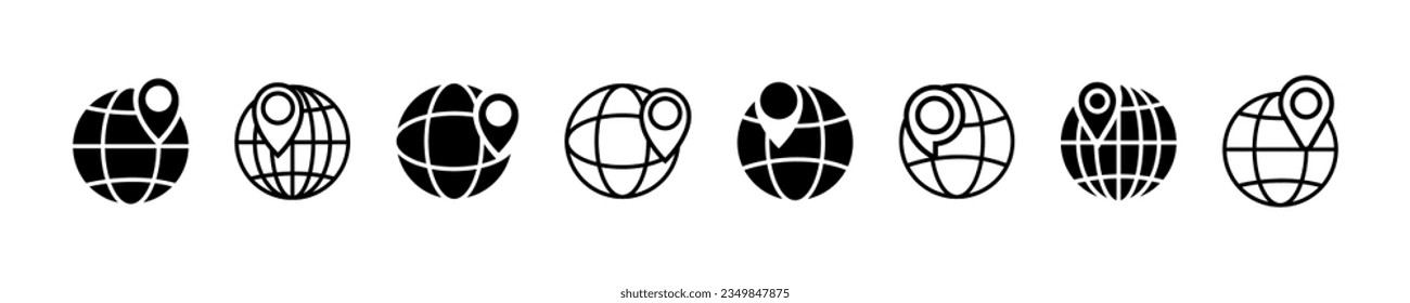 Set of globe with pin vector icons. Location on planet or world. Find place on globe. Location pointer on earth.