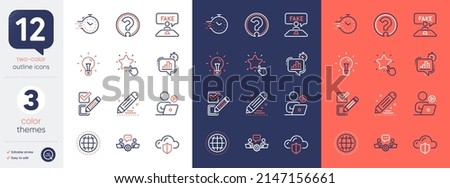 Set of Globe, Question mark and Idea line icons. Include Teamwork, Checkbox, Brand contract icons. Statistics timer, Timer, Cloud protection web elements. Video conference, Fake review. Vector