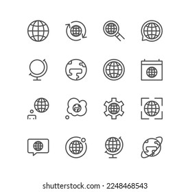 Set of globe and related icons, world map, connections, global business, travel and linear variety vectors.