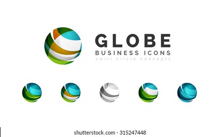 Set Of Globe Sphere Or Circle Logo Business Icons. Created With Overlapping Colorful Abstract Waves And Swirl Shapes