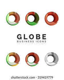 Conjunto de iconos de negocios de la esfera global o del logotipo de círculo. Creado con ondas abstractas y formas giratorias coloridas superpuestas