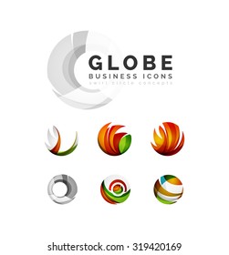 Conjunto de iconos de negocios de la esfera global o del logotipo de círculo. Creado con ondas abstractas y formas giratorias coloridas superpuestas
