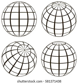 Set Globe, The Technical Picture Of The Contours Of The Earth, Imaginary Lines Of A Grid Meridian And The Parallel Of Longitude, Vector Template Of Globe