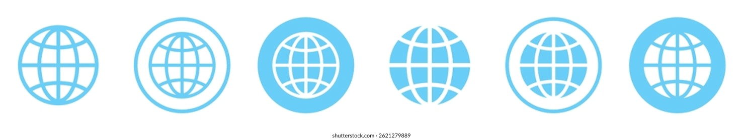 Set of globe vector icons. Globe world icons. Blue and white earth symbol collection with circular Internet and global network designs. Planet earth world map in different variations.