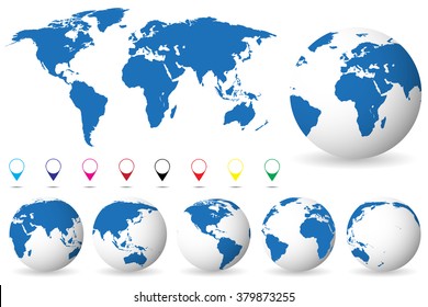 Set of globes with different continents  and a map earth