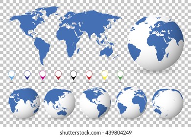 Set of globes with different continents and a map earth, isolated background