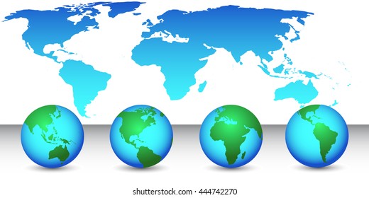Set of globes with different continents and a map earth