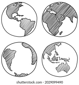 Set of globes different views of the Earth doodle hand drawn vector illustration