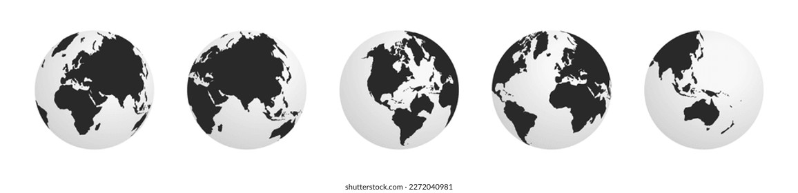 Set of globes of Earth. Realistic world map in globe shape. Globe icons. Earth hemispheres with continents. 3d vector world map set.