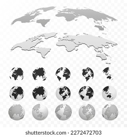 Set of globes of Earth. Realistic world map in globe shape with transparent texture. Globe icons. Earth hemispheres with continents. 3d vector world map set.