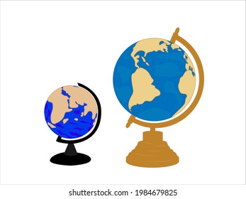 Conjunto de globos con un mapa del mundo sobre un fondo blanco aislado.