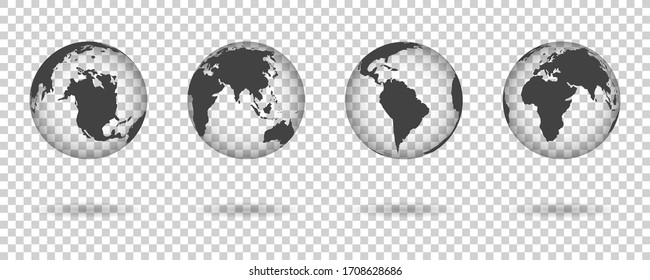 Set globes on transparent. World in map. 3d Earth and globus. Uk, africa, usa, europe, america, asia in sphere. Silhouette of planet. Black continents on rounds. Globes for travel, cartography. Vector