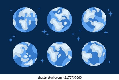 Set of globes in various positions. 6 planets Earth with continents and oceans in space. Isolated objects for stickers, web design, social media and ads. Tourism day
