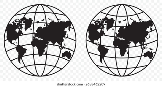 Set of Globus map icon, Earth sign globe symbol, website design concept vector illustration on Transparent Background. EPS 10.