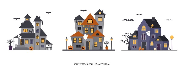 Set of gloomy dark Halloween houses. Halloween concept.