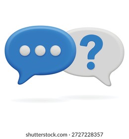A set of glossy 3D chat bubbles featuring a blue messaging icon and a white question mark symbol for help and support. These vibrant elements are perfect for user interface design, customer service notifications, and digital communication apps.