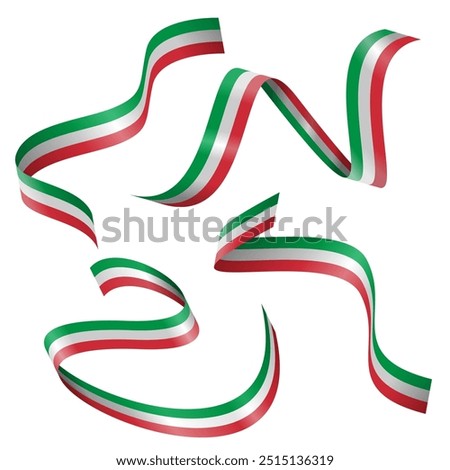 Set of Glossy 3D Italy Flag Ribbons Isolated on White Background, Editable Vector Illustration in EPS Format, Perfect for Icons, Symbols, Banners, and Graphic Design Elements, Scalable for Print