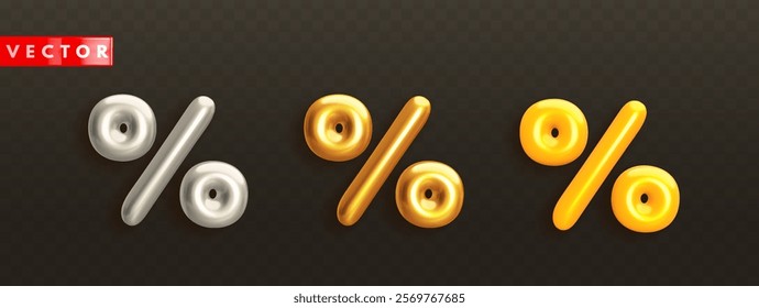 Set of glossy 3d percent icons in realistic style. Gold, silver and yellow sign percentage isolated on transparent dark background. Symbol for sale, discount, promotion concept. Vector illustration