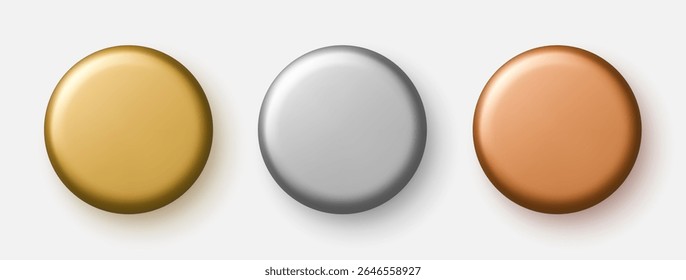 Set of glossy 3D round badges in metallic colors. Gold, silver, and bronze shiny medal icons. Vector illustration