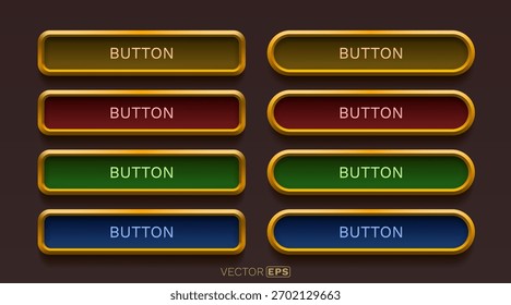 Un conjunto de Botones brillantes de estilo 3D con marcos dorados y colores variados, ideales para la interfaz de usuario del juego o el Diseño web moderno. Ilustración vectorial