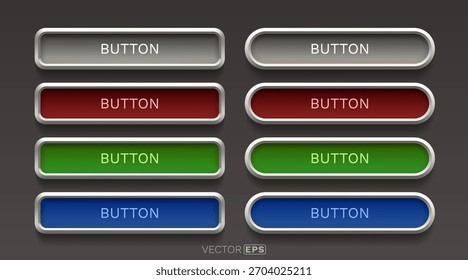 A set of glossy 3D-style buttons with silver frames and varied colors, ideal for game UI or modern web design. Vector illustration