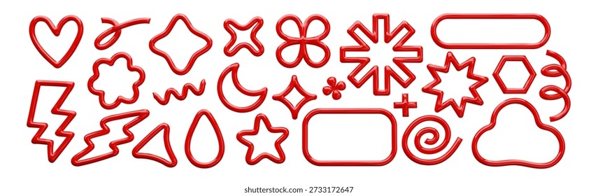 A set of glossy, abstract 3D vector shapes and symbols in red. The set includes minimalist outline elements, stars, hearts, swirls, clouds, rectangles, and lightning bolts.