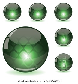 Set of glossy abstract globes with different inner spherical patterns