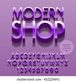 Set of glossy alphabet letters, numbers and punctuation symbols. Vector reflective metallic  logotype with text Modern shop. File contains graphic styles