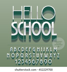 Set of glossy alphabet letters, numbers and punctuation symbols. Vector reflective silver banner with text Hello school. File contains graphic styles