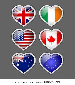 Set of glossy American, British, Irish, European, Canadian and Australian heart icons