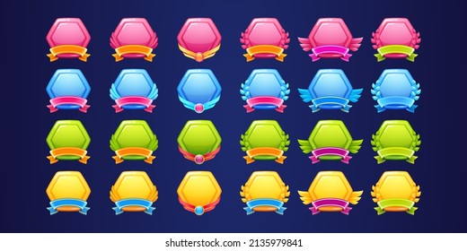 Set of glossy award badges, ranking game level ui icons. Empty hexagon colorful shields with banners, wings or laurel wreaths, isolated bonus or rank frames pink, blue, gold, green Vector elements set