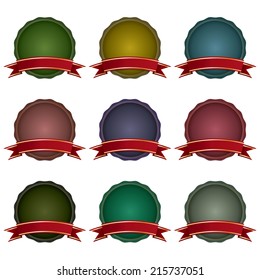 set of glossy badges with red ribbons for your text, isolated on white