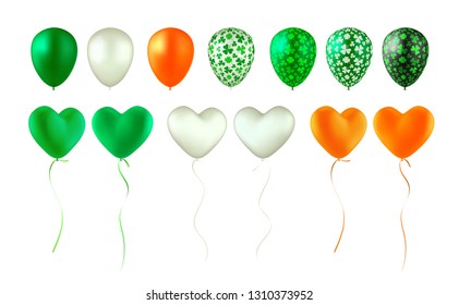 Set of glossy balloons. Green, white, orange, black and with shamrock pattern. Heart-shaped and round. Isolated on white. Design elements for holidays. St. Patricks Day, Ireland Independence Day