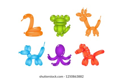 Set of glossy balloons in shape of different animals. Flat vector elements for party poster or postcard