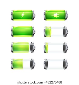 Set of glossy battery icons with different charge level and power signs isolated on white