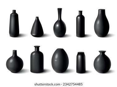 Set of glossy black ceramic porcelain vases realistic isolated vector illustration