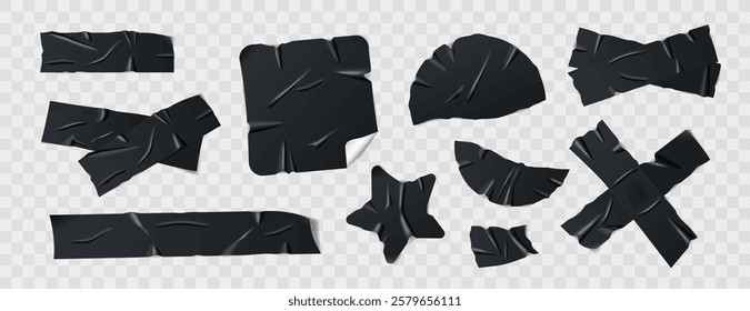 Set of glossy black duct tape, adhesive tape, or sticky paper strips. Isolated elements in various shapes on background. Collection of realistic tape pieces for collages and creative designs. Vector.