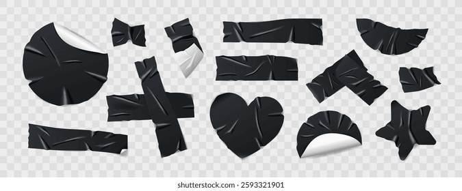 Set of glossy black duct tapes, adhesive tapes and sticky paper strips. Isolated elements in various shapes on background. Collection of realistic tape pieces for collages and creative designs. Vector