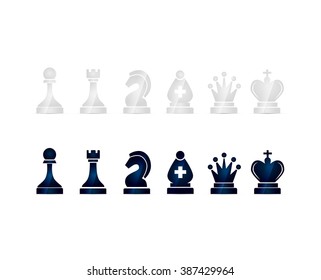 Set of glossy black and white chess icons isolated on white