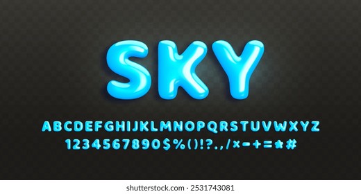 Set of glossy blue 3d letters and numbers from 0 to 9 in realistic style. Complete english alphabet with punctuation marks, symbols on black background. Decorative plastic font. Vector illustration