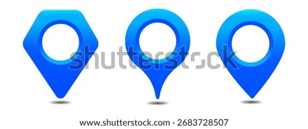 Set of glossy blue gradient vector icons. Map pin, marker location realistic icons	