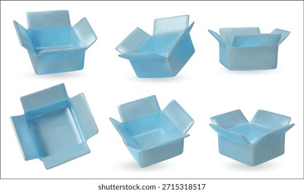 Conjunto de cajas de regalo abiertas azules brillantes en diferentes ángulos, perfectas para el diseño de empaques de lujo, marcas, maquetas y promociones festivas.