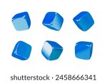 Set of glossy blue square cubes with soft corners falling, view from different angles 3D vector. Cubic toy brick. Realistic 3d volume plastic isometric quadrilateral block. Games design