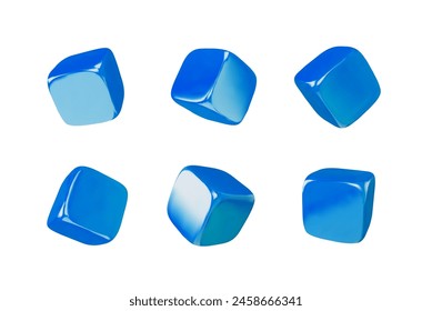 Set of glossy blue square cubes with soft corners falling, view from different angles 3D vector. Cubic toy brick. Realistic 3d volume plastic isometric quadrilateral block. Games design