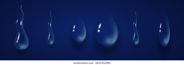 Conjunto de gotas de água azul brilhante com reflexos de luz. Ilustração vetorial EPS10